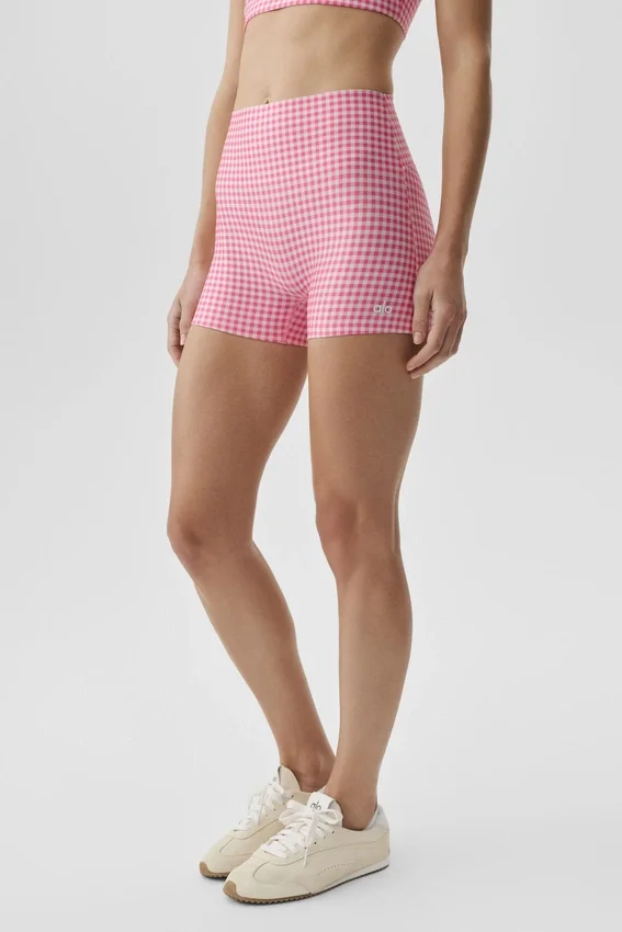 3" Airlift High-Waist Gingham slanke shorts – Paradise Pink Gingham