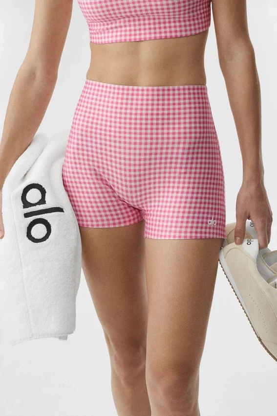 3" Airlift High-Waist Gingham slanke shorts – Paradise Pink Gingham