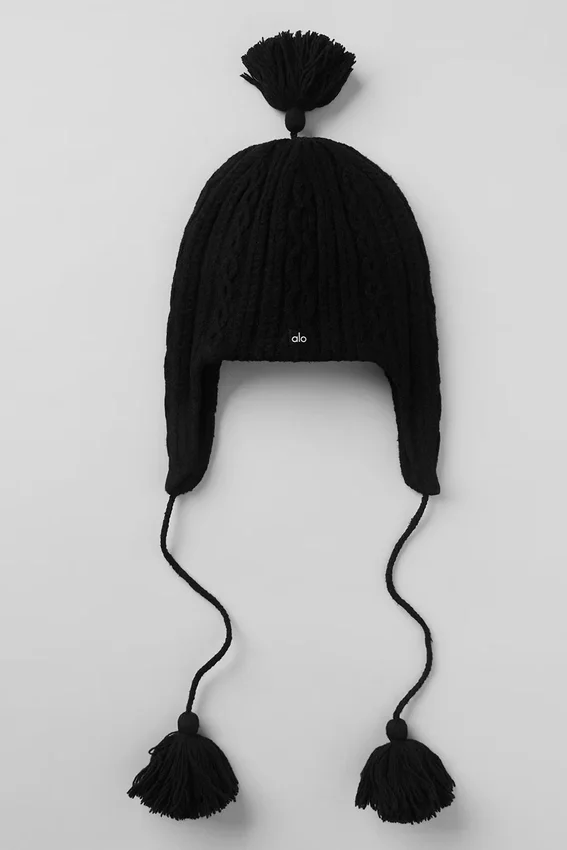 Cable Knit Winter Bliss-lue med øreklapper – svart