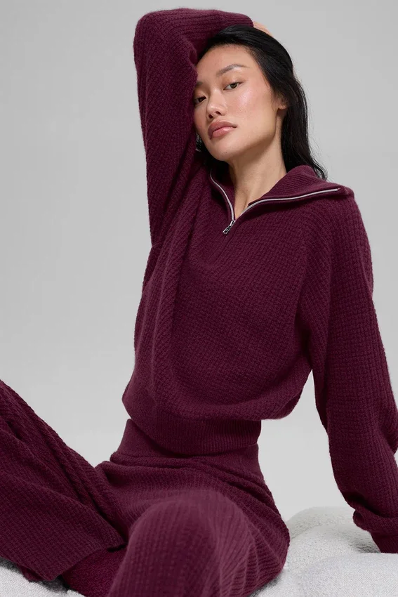 Cashmere Plush Waffle 1/4 Zip-genser – burgunder