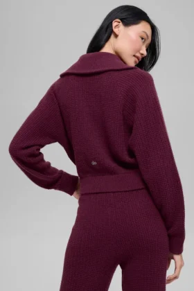 Cashmere Plush Waffle 1/4 Zip-genser – burgunder