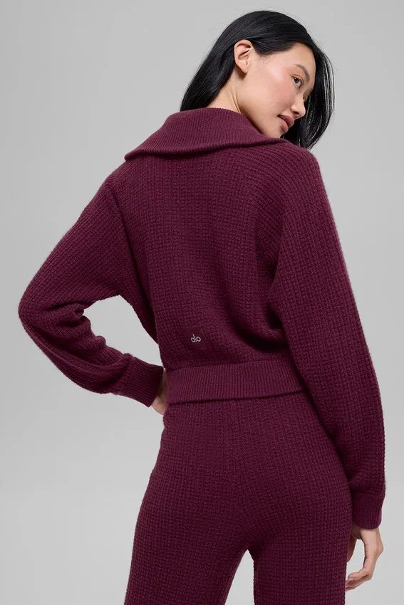 Cashmere Plush Waffle 1/4 Zip-genser – burgunder