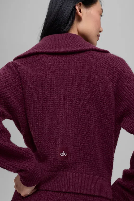 Cashmere Plush Waffle 1/4 Zip-genser – burgunder