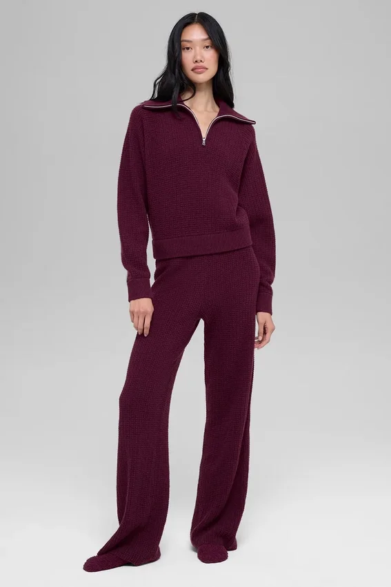 Cashmere Plush Waffle 1/4 Zip-genser – burgunder