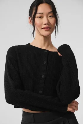 Cashmere Plush Waffle Cardigan – svart