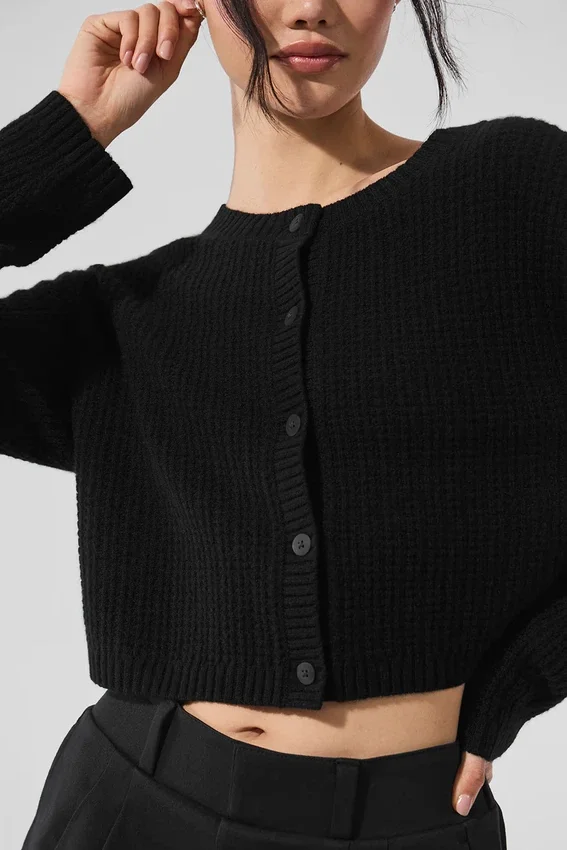 Cashmere Plush Waffle Cardigan – svart