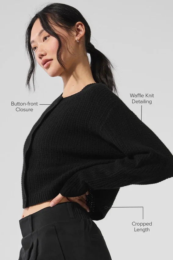Cashmere Plush Waffle Cardigan – svart