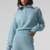Cashmere Plush Waffle-genser med 1/4 glidelås – himmelblå melert