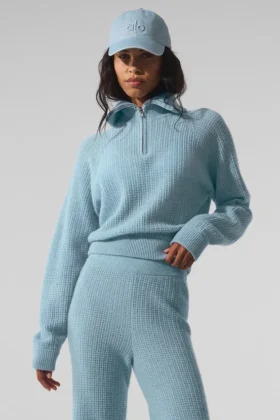Cashmere Plush Waffle-genser med 1/4 glidelås – himmelblå melert