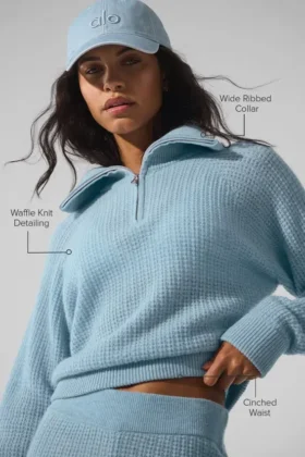 Cashmere Plush Waffle-genser med 1/4 glidelås – himmelblå melert