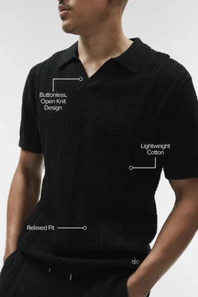Coastline strikket poloshirt med korte ermer – svart