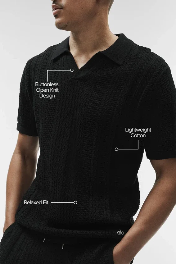 Coastline strikket poloshirt med korte ermer – svart