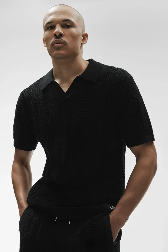Coastline strikket poloshirt med korte ermer – svart