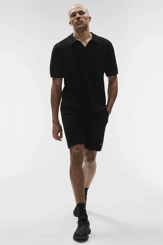 Coastline strikket poloshirt med korte ermer – svart