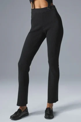 Denimstrikkede High-Waist-bukser med utvidet ben – svart/antracitt