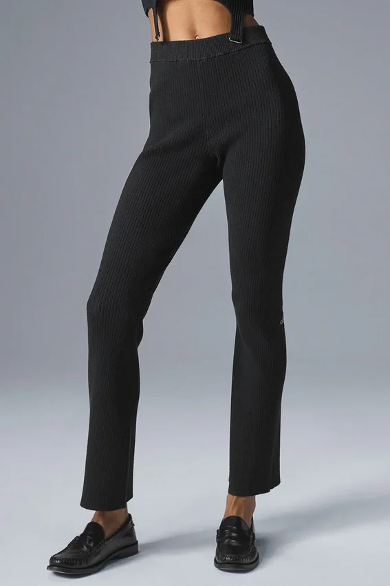 Denimstrikkede High-Waist-bukser med utvidet ben – svart/antracitt