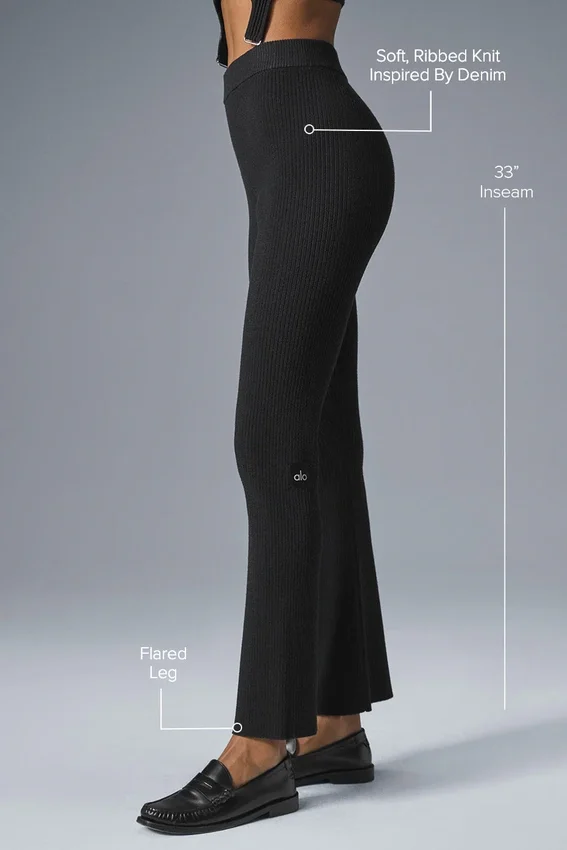 Denimstrikkede High-Waist-bukser med utvidet ben – svart/antracitt