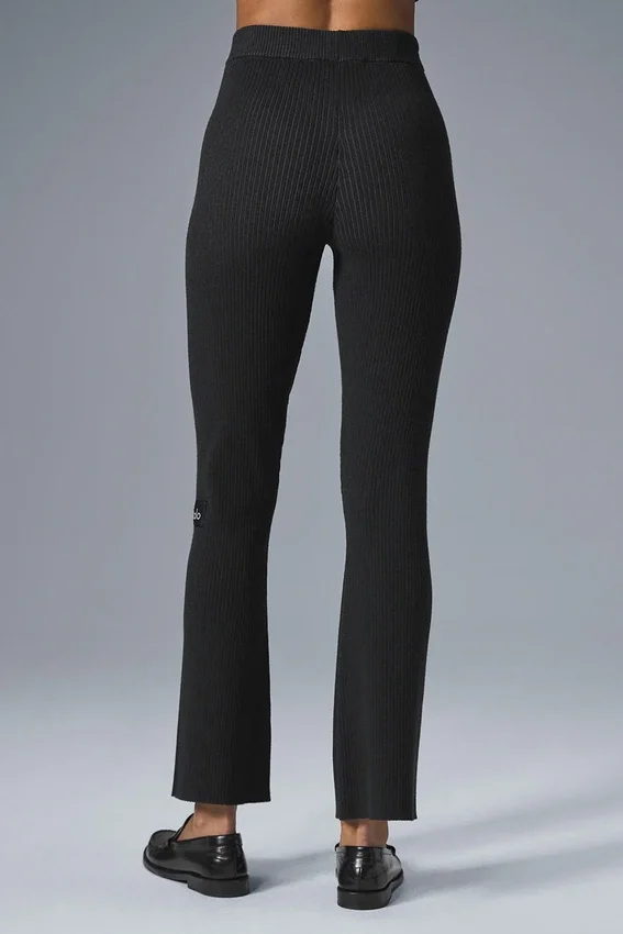 Denimstrikkede High-Waist-bukser med utvidet ben – svart/antracitt