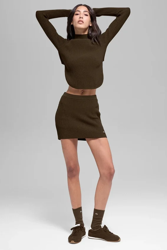 Denimstrikket High-Waist-skjørt – Espresso/svart