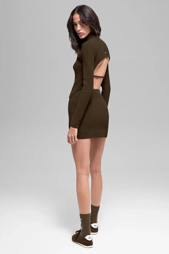Denimstrikket High-Waist-skjørt – Espresso/svart
