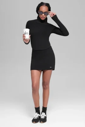 Denimstrikket High-Waist-skjørt – svart/antracitt