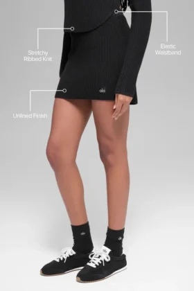Denimstrikket High-Waist-skjørt – svart/antracitt