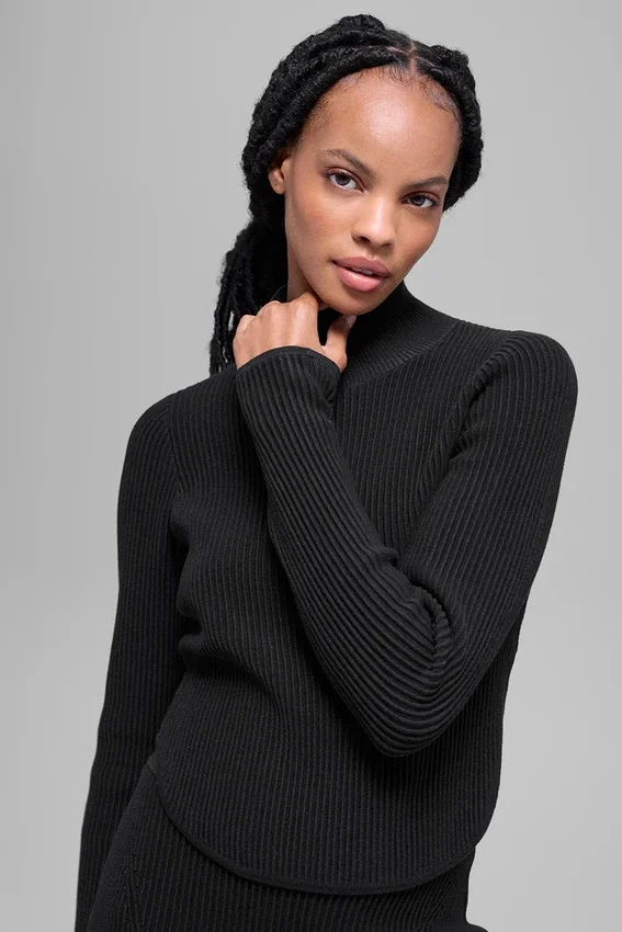 Denimstrikket ryggløs langermet topp – svart/antracitt