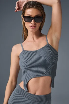 Denimstrikket tank-top med strømpebånd – stålgrå/antracitt