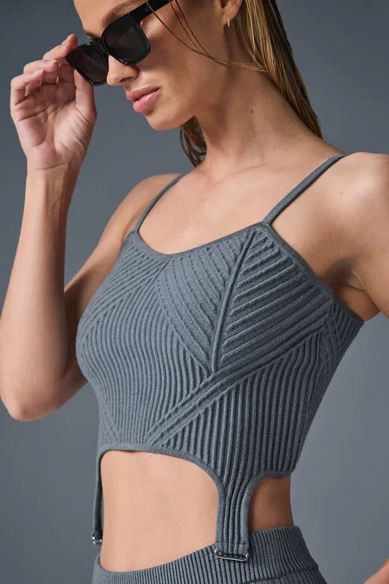 Denimstrikket tank-top med strømpebånd – stålgrå/antracitt