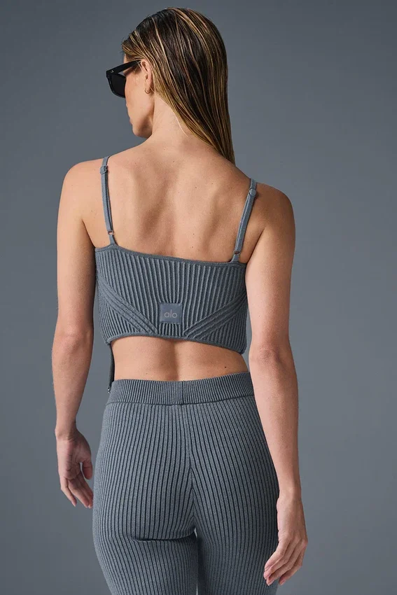 Denimstrikket tank-top med strømpebånd – stålgrå/antracitt