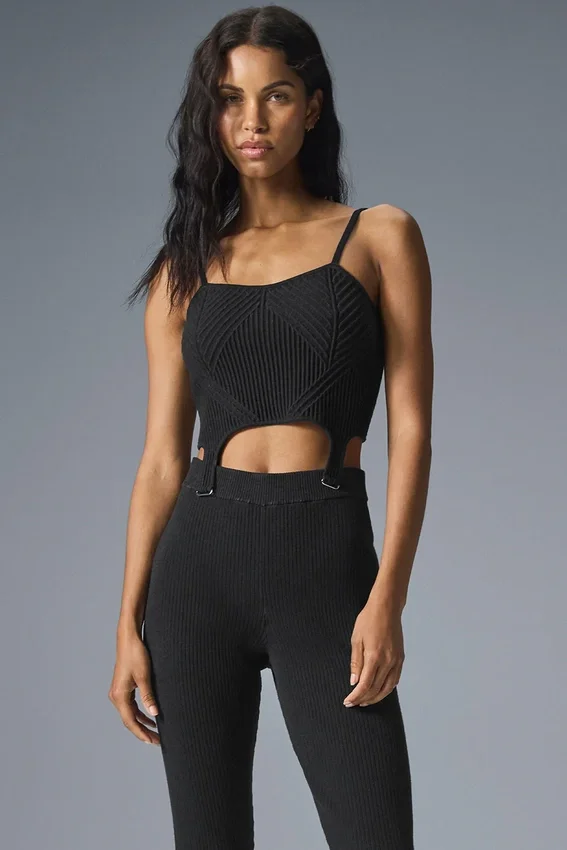 Denimstrikket tank-top med strømpebånd – svart/antracitt