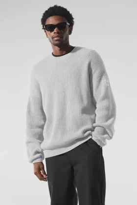 Domain ribbestrikket strikkegenser med rund hals – Athletic Heather Grey