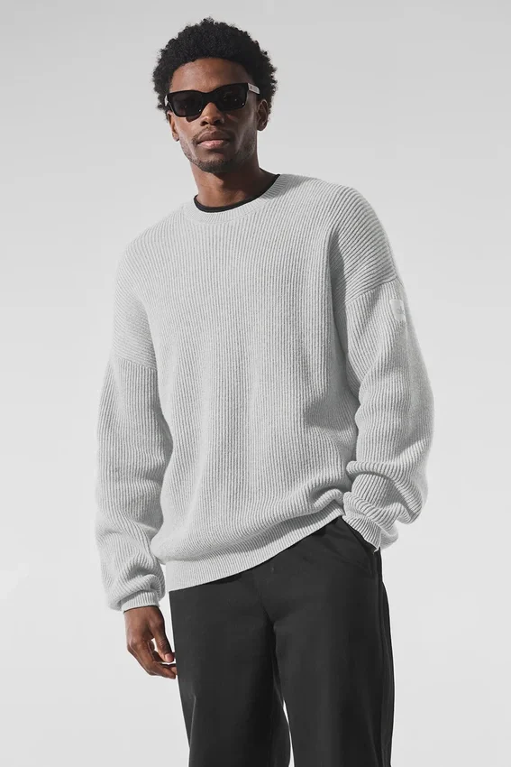 Domain ribbestrikket strikkegenser med rund hals – Athletic Heather Grey