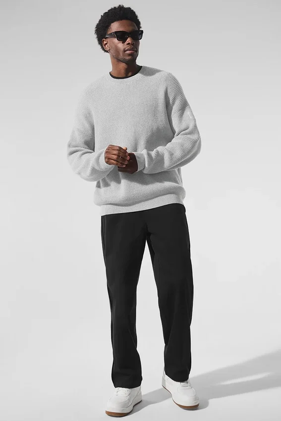 Domain ribbestrikket strikkegenser med rund hals – Athletic Heather Grey
