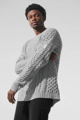 Gensere med rund hals og kabelstrikk – Athletic Heather Grey