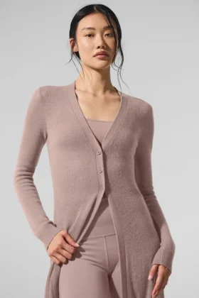 Gjennomsiktig lang kashmir-cardigan – taupe