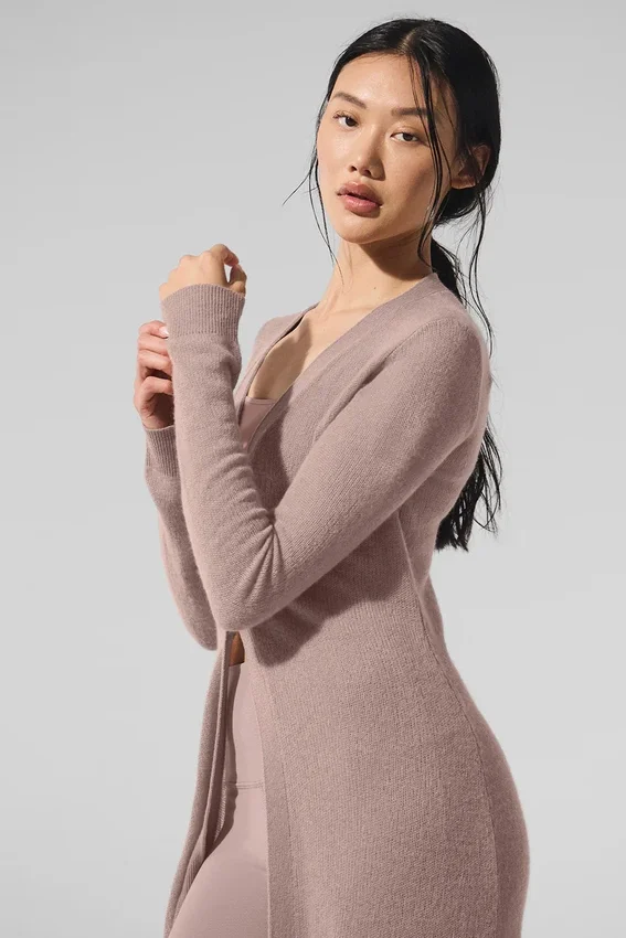 Gjennomsiktig lang kashmir-cardigan – taupe