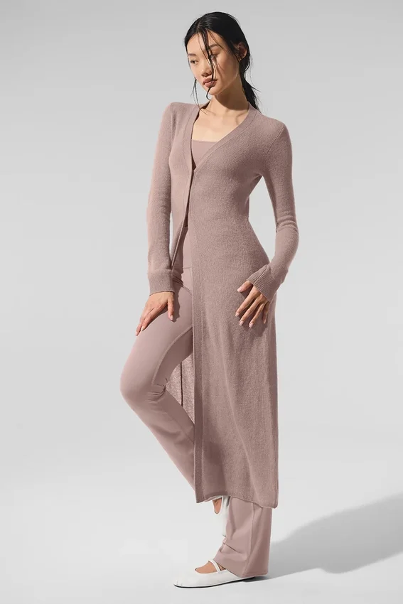 Gjennomsiktig lang kashmir-cardigan – taupe