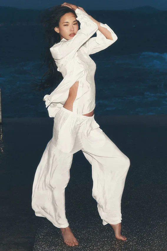 Halvgjennomsiktig Golden Hour-buks med High-Waist og rette ben – elfenben