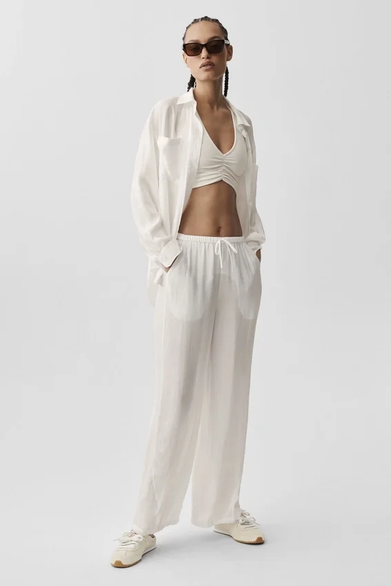 Halvgjennomsiktig Golden Hour-buks med High-Waist og rette ben – elfenben