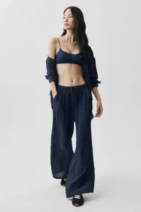 Halvgjennomsiktig Golden Hour-buks med High-Waist og rette ben – Navy