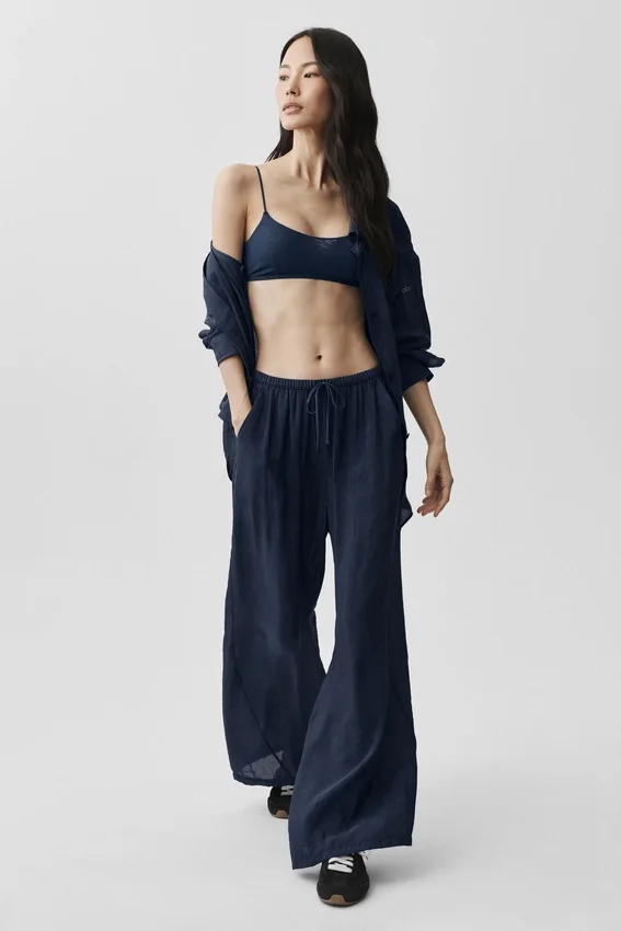 Halvgjennomsiktig Golden Hour-buks med High-Waist og rette ben – Navy