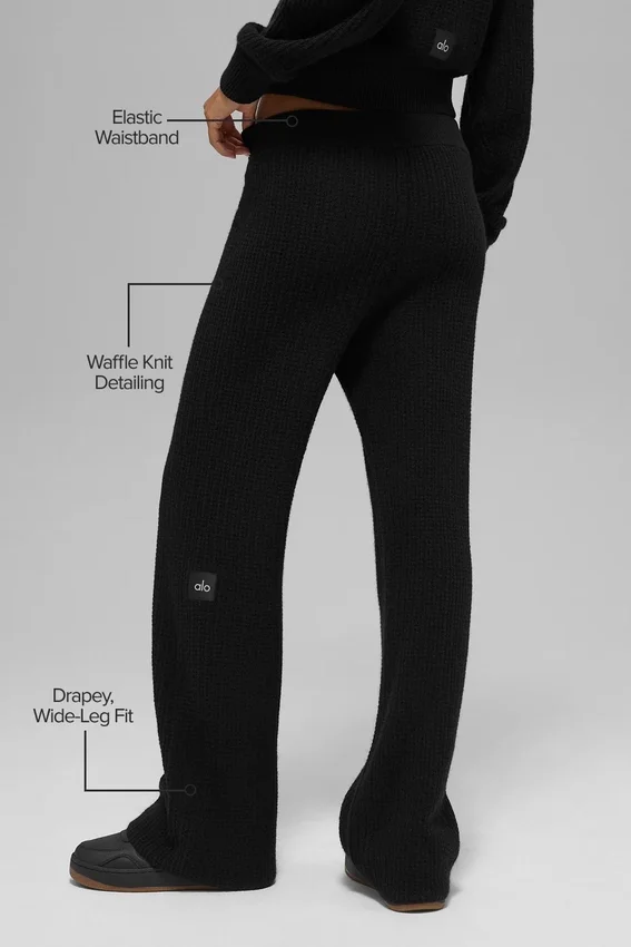 High-Waist Kashmirbukser med myk vaffelstruktur – svart