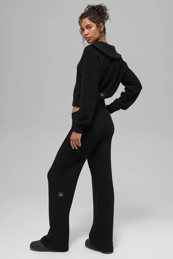 High-Waist Kashmirbukser med myk vaffelstruktur – svart