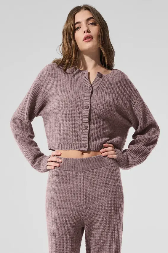 Kashmir-cardigan i myk vaffelstrikk – Mushroom Heather
