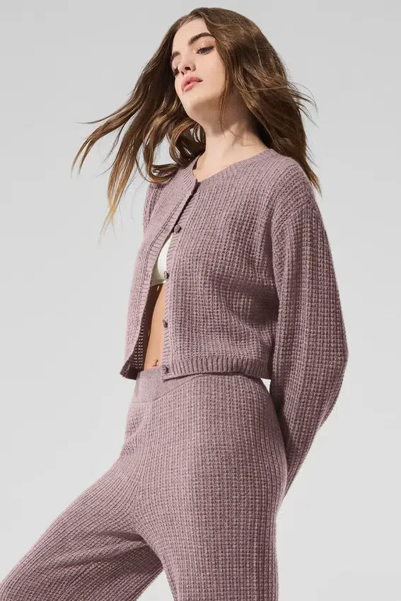 Kashmir-cardigan i myk vaffelstrikk – Mushroom Heather