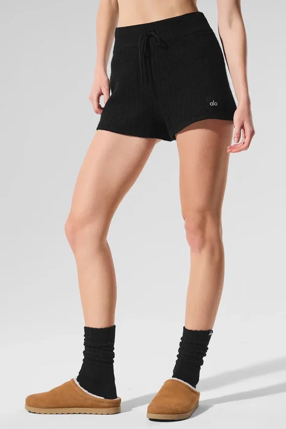 Kashmir-High-Waist-Shorts med myk vaffelstruktur – svart