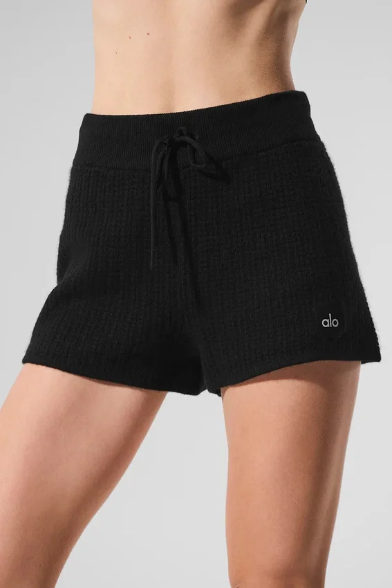 Kashmir-High-Waist-Shorts med myk vaffelstruktur – svart