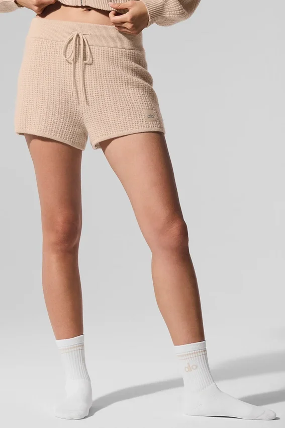 Kashmir-shorts med High-Waist-design og myk vaffelstruktur – Macadamia Blush