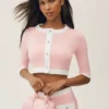 Kort capri-cardigan i bomull og kashmir – «Dream» – solfylt rosa/hvit